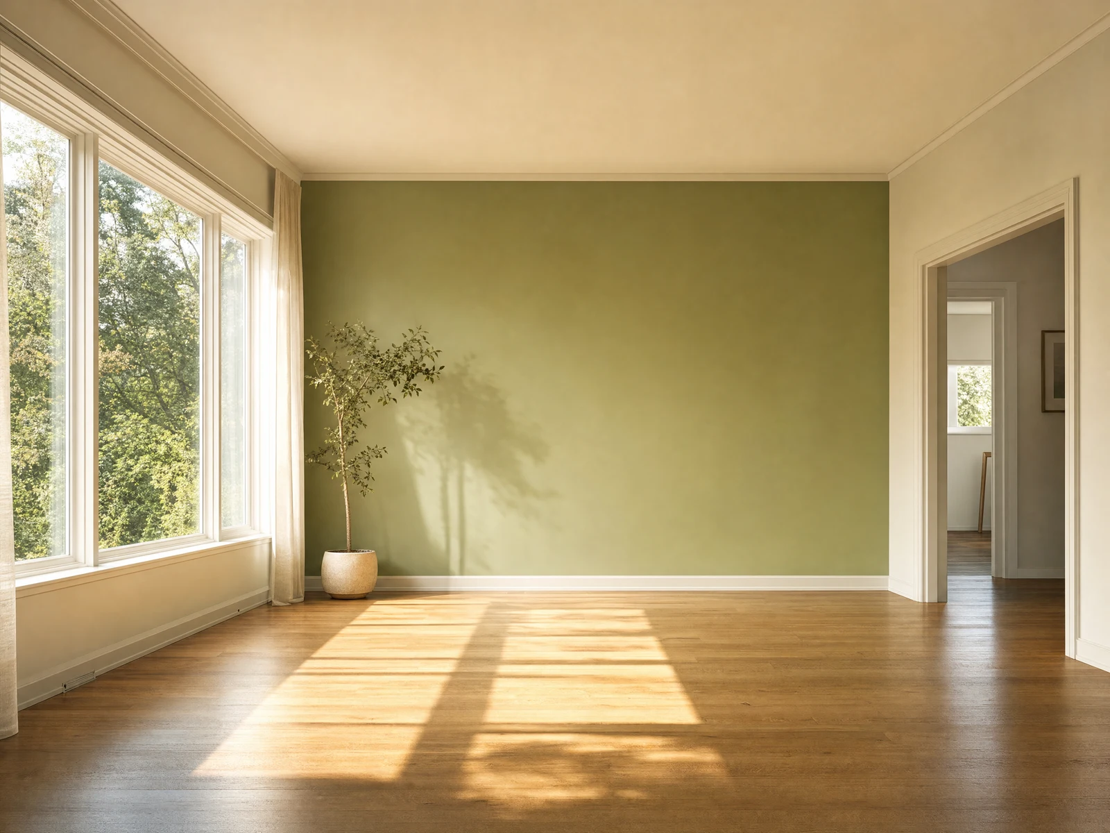 Illustrative vacant room filled with soft sunlight